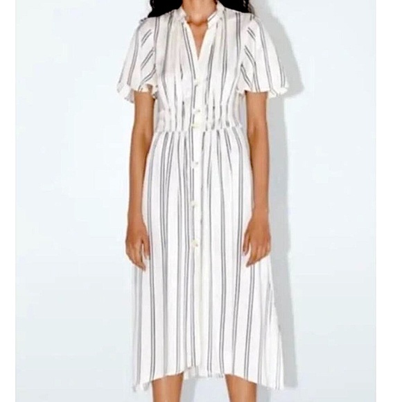 ZARA Ivory & Black Striped Viscose Button Down Shirt Dress Sz SML - Picture 1 of 16